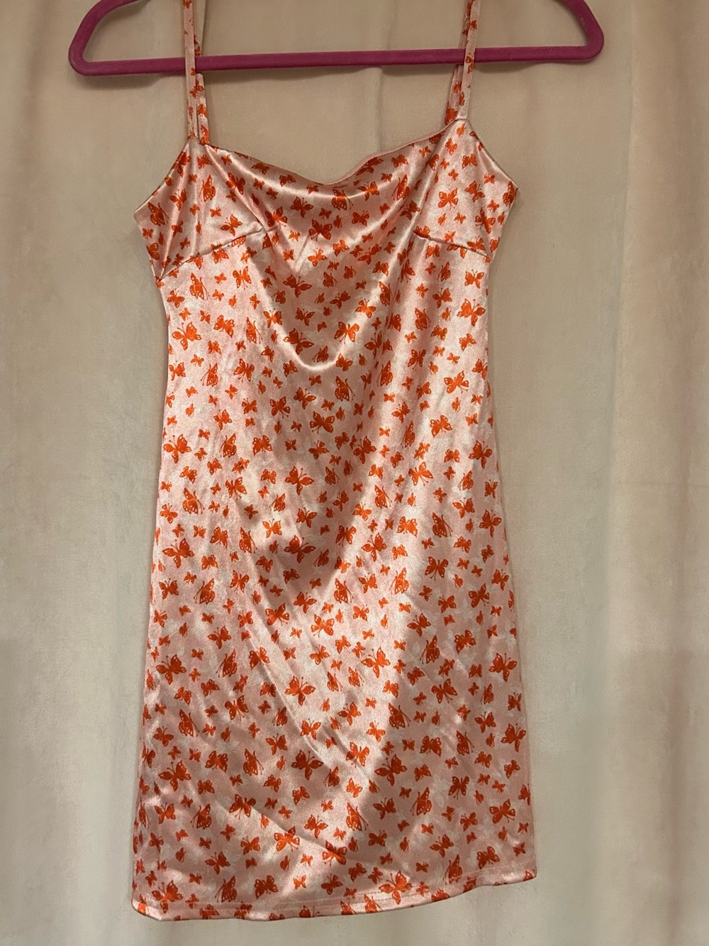 Urban Outfitters Pink Satin dress with Orange Butterfly Print